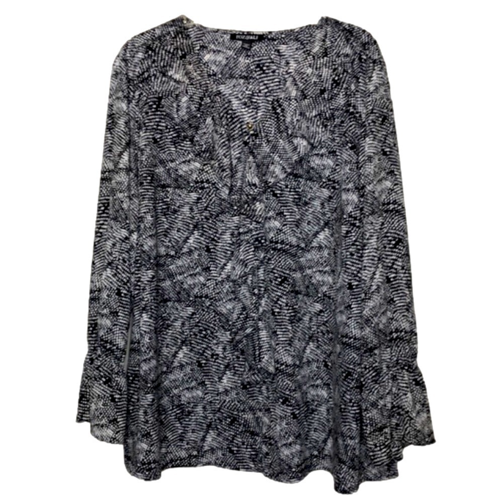ROZ & ALI - Black, Gray & White Ruffled Front Snakeskin V-Neck Blouse - Size 2XL